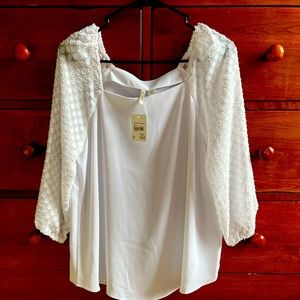 Cato Size M White Blouse with Sheer Swiss Dot sleeves
